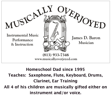 ￼Homeschool Dad since 1995
Teaches:  Saxophone, Flute, Keyboard, Drums, Clarinet, Ear Training
All 4 of his children are musically gifted either on instrument and/or voice.
